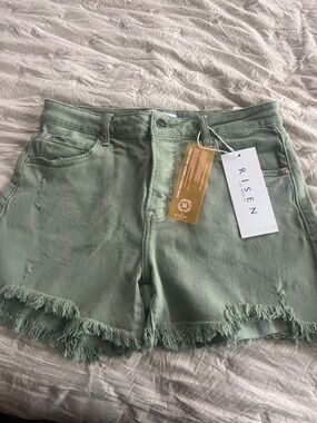 Risen Olive Green Frayed-Hem Denim Shorts